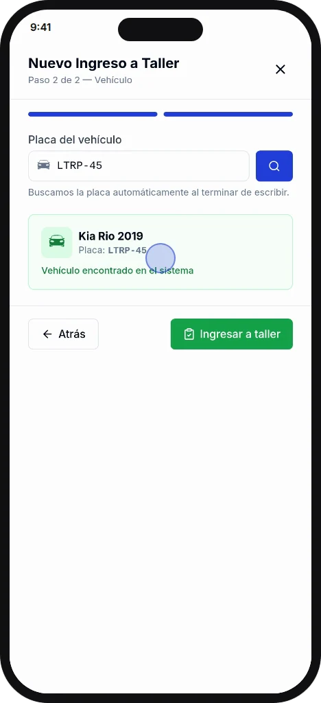 Nuevo ingreso a taller en la app móvil de ServitechCloud: la placa encuentra el vehículo ya registrado