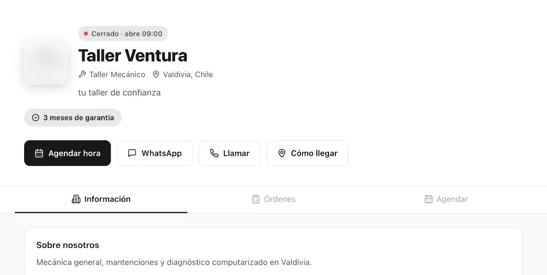 Página pública de Taller Ventura con botones para agendar, WhatsApp, llamar y cómo llegar