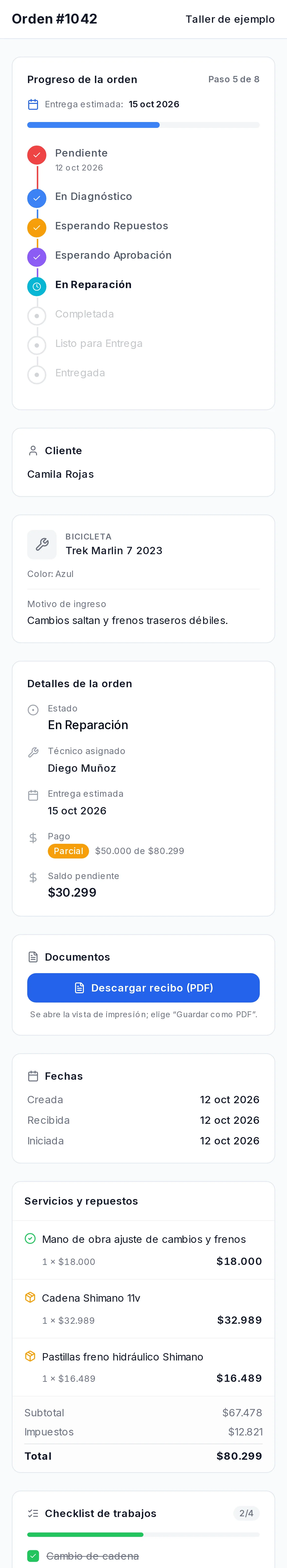 Página de seguimiento de la orden: progreso, datos del equipo, técnico, saldo, repuestos y mensajes con el taller