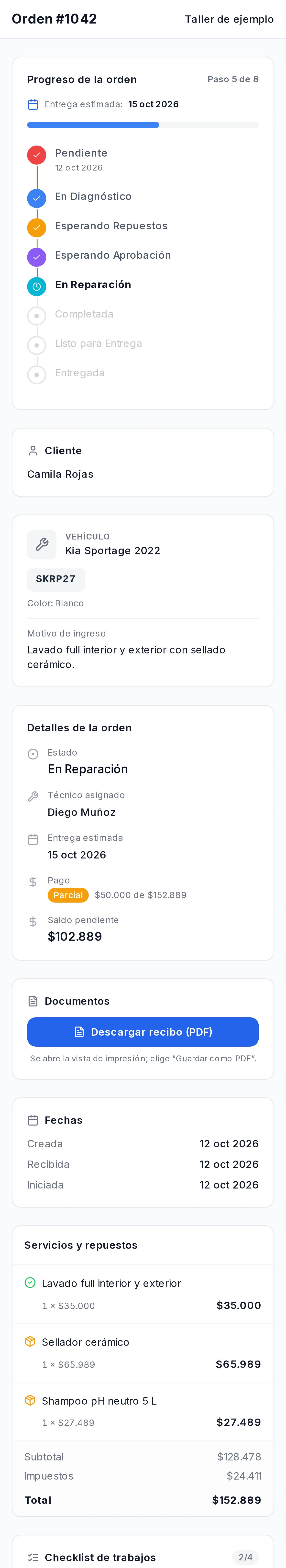 Página de seguimiento de la orden: progreso, datos del equipo, técnico, saldo, repuestos y mensajes con el taller