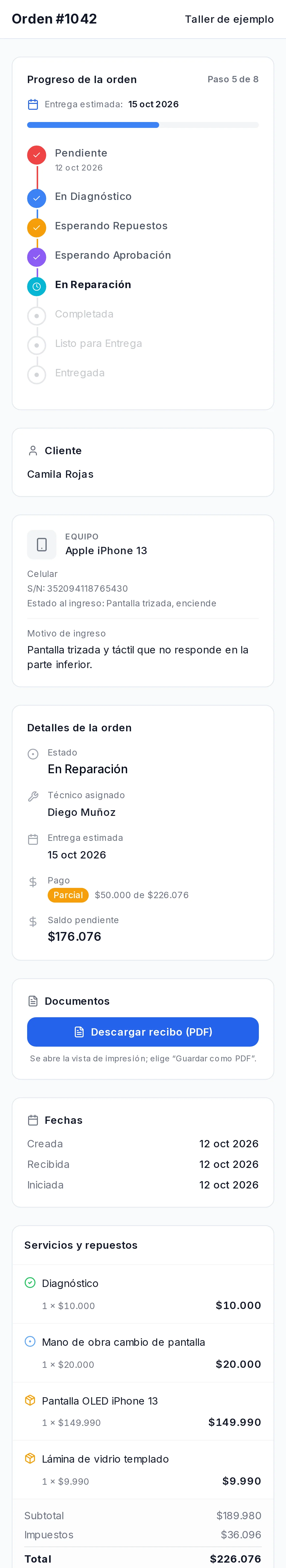 Página de seguimiento de la orden: progreso, datos del equipo, técnico, saldo, repuestos y mensajes con el taller