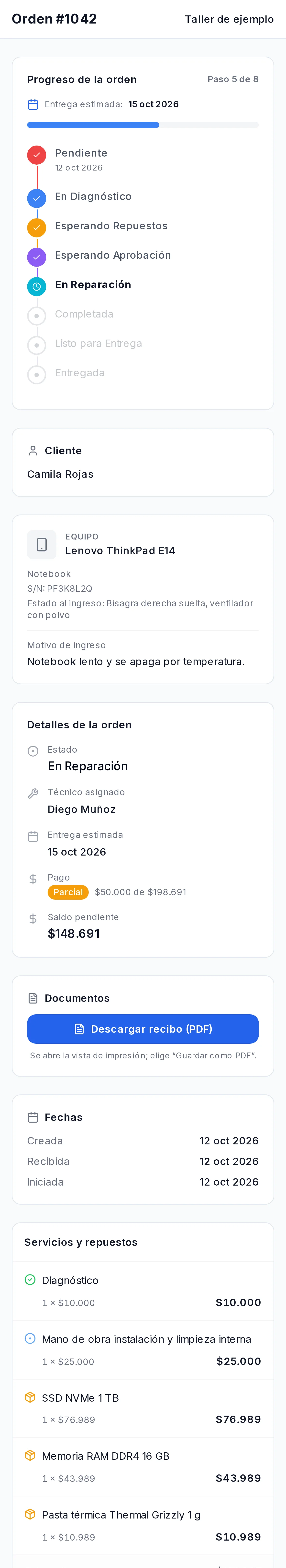Página de seguimiento de la orden: progreso, datos del equipo, técnico, saldo, repuestos y mensajes con el taller