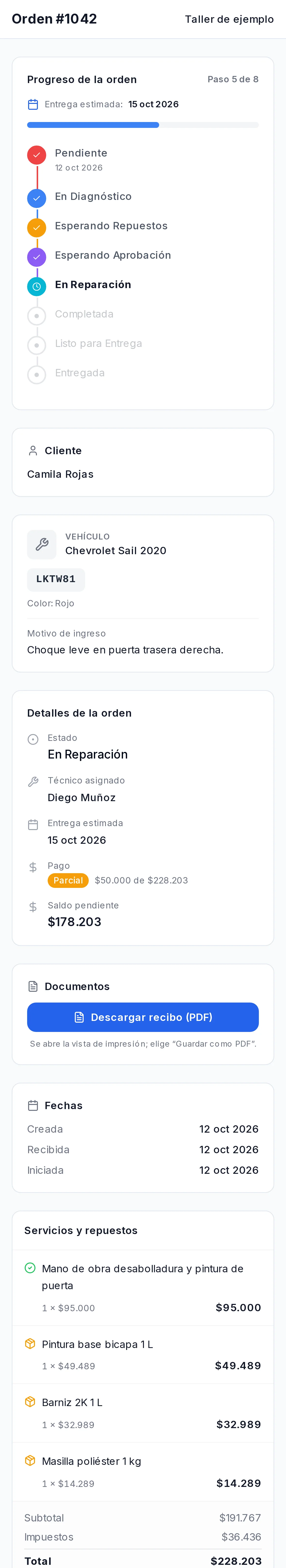 Página de seguimiento de la orden: progreso, datos del equipo, técnico, saldo, repuestos y mensajes con el taller