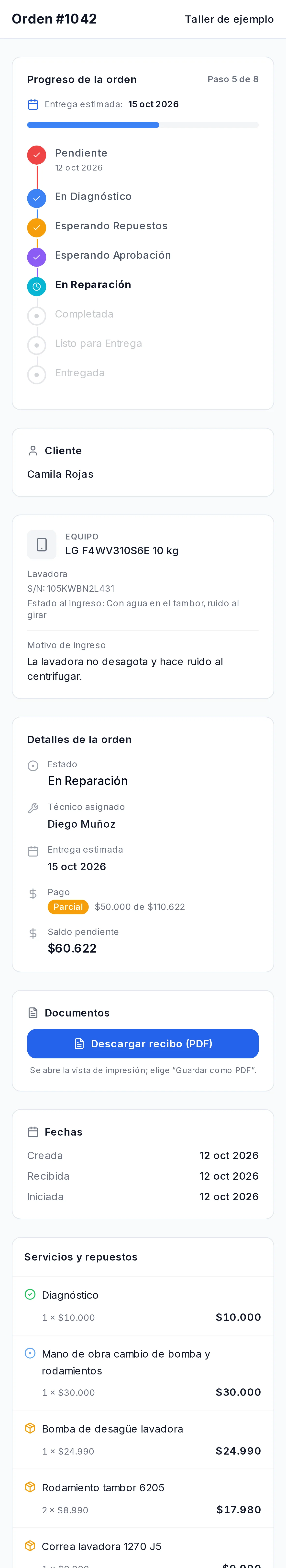 Página de seguimiento de la orden: progreso, datos del equipo, técnico, saldo, repuestos y mensajes con el taller