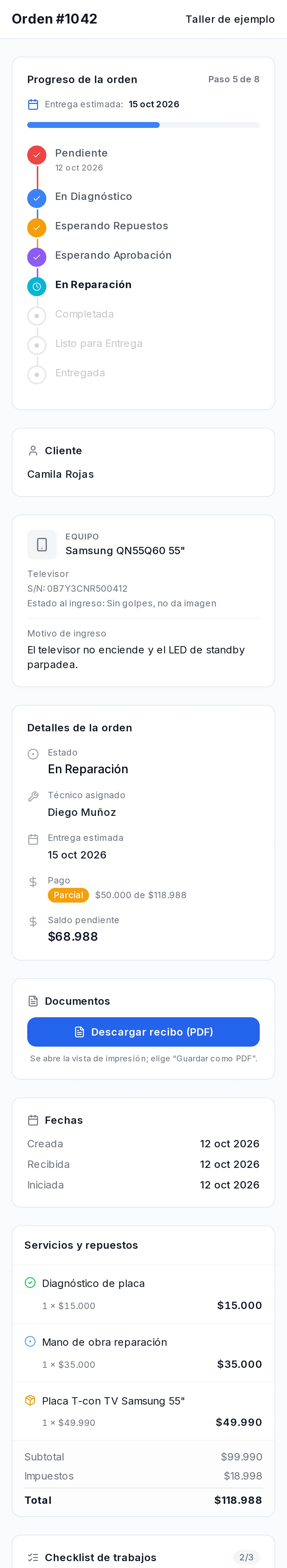Página de seguimiento de la orden: progreso, datos del equipo, técnico, saldo, repuestos y mensajes con el taller