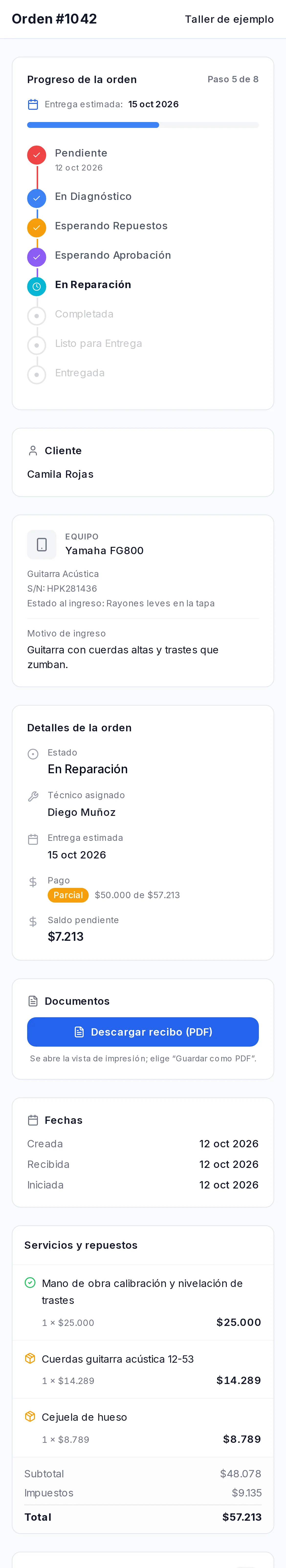 Página de seguimiento de la orden: progreso, datos del equipo, técnico, saldo, repuestos y mensajes con el taller