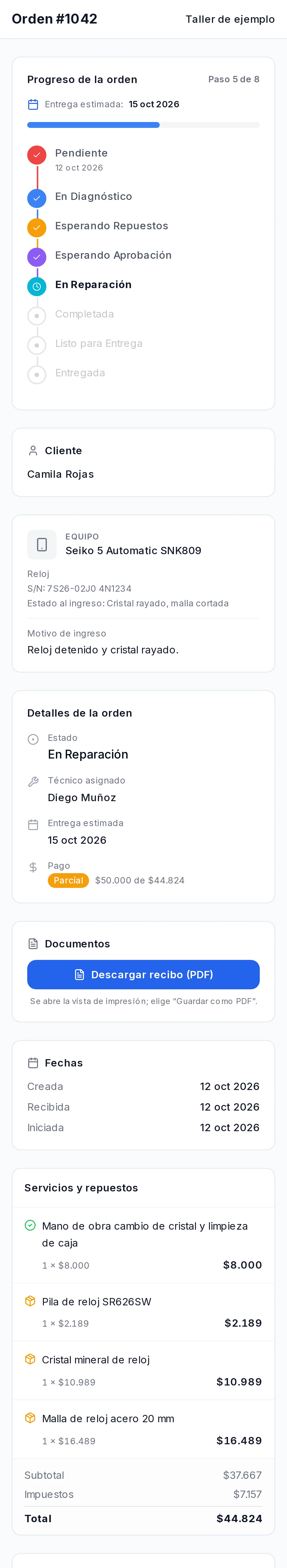 Página de seguimiento de la orden: progreso, datos del equipo, técnico, saldo, repuestos y mensajes con el taller