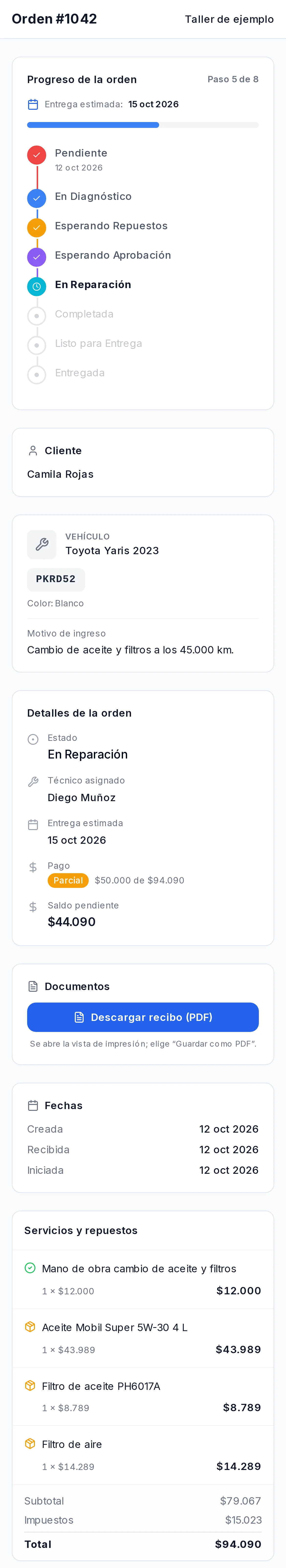 Página de seguimiento de la orden: progreso, datos del equipo, técnico, saldo, repuestos y mensajes con el taller