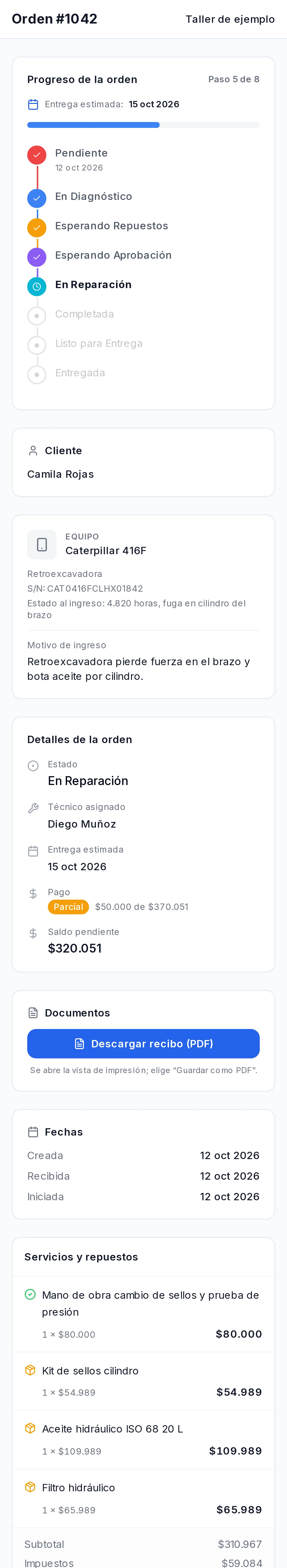 Página de seguimiento de la orden: progreso, datos del equipo, técnico, saldo, repuestos y mensajes con el taller