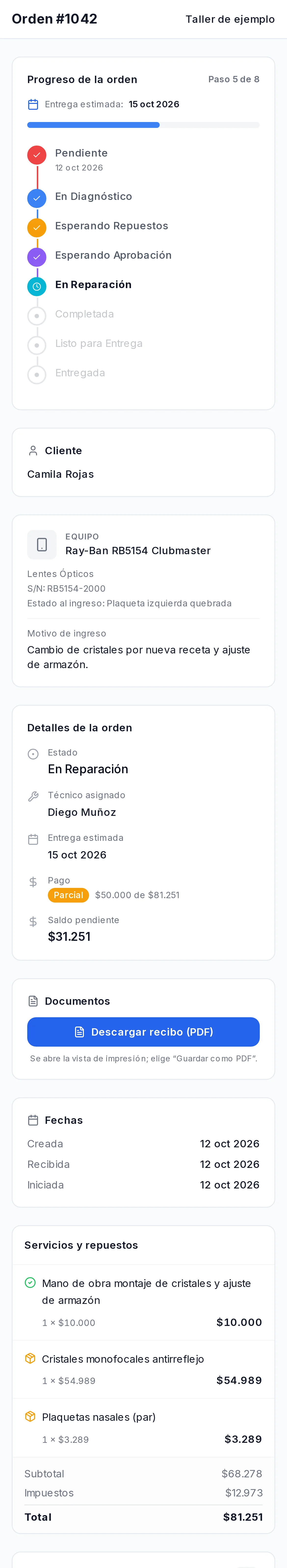 Página de seguimiento de la orden: progreso, datos del equipo, técnico, saldo, repuestos y mensajes con el taller