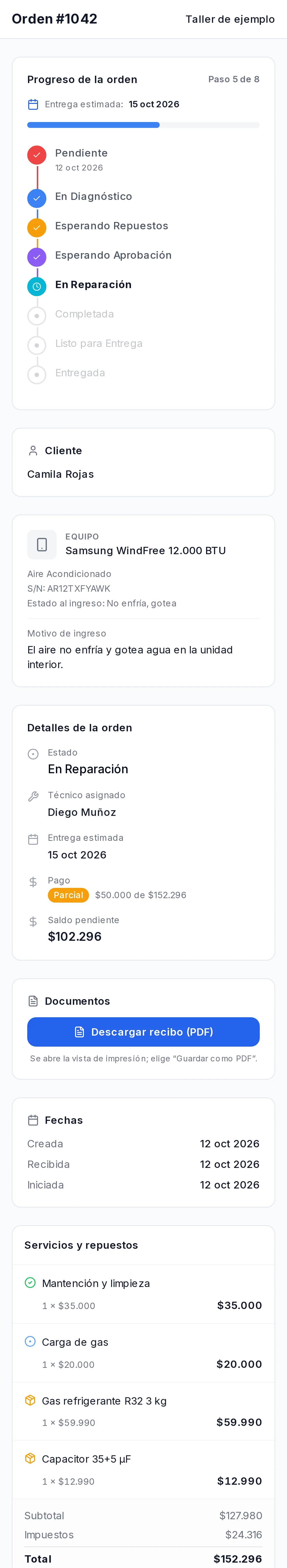 Página de seguimiento de la orden: progreso, datos del equipo, técnico, saldo, repuestos y mensajes con el taller