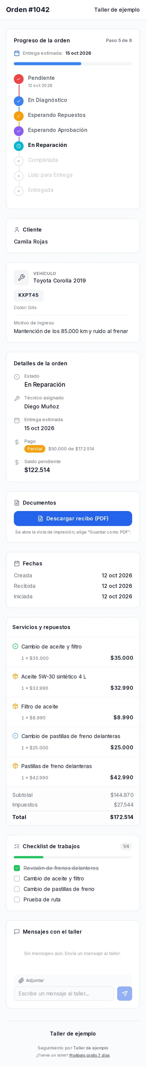 Página de seguimiento de la orden: progreso, datos del equipo, técnico, saldo, repuestos y mensajes con el taller