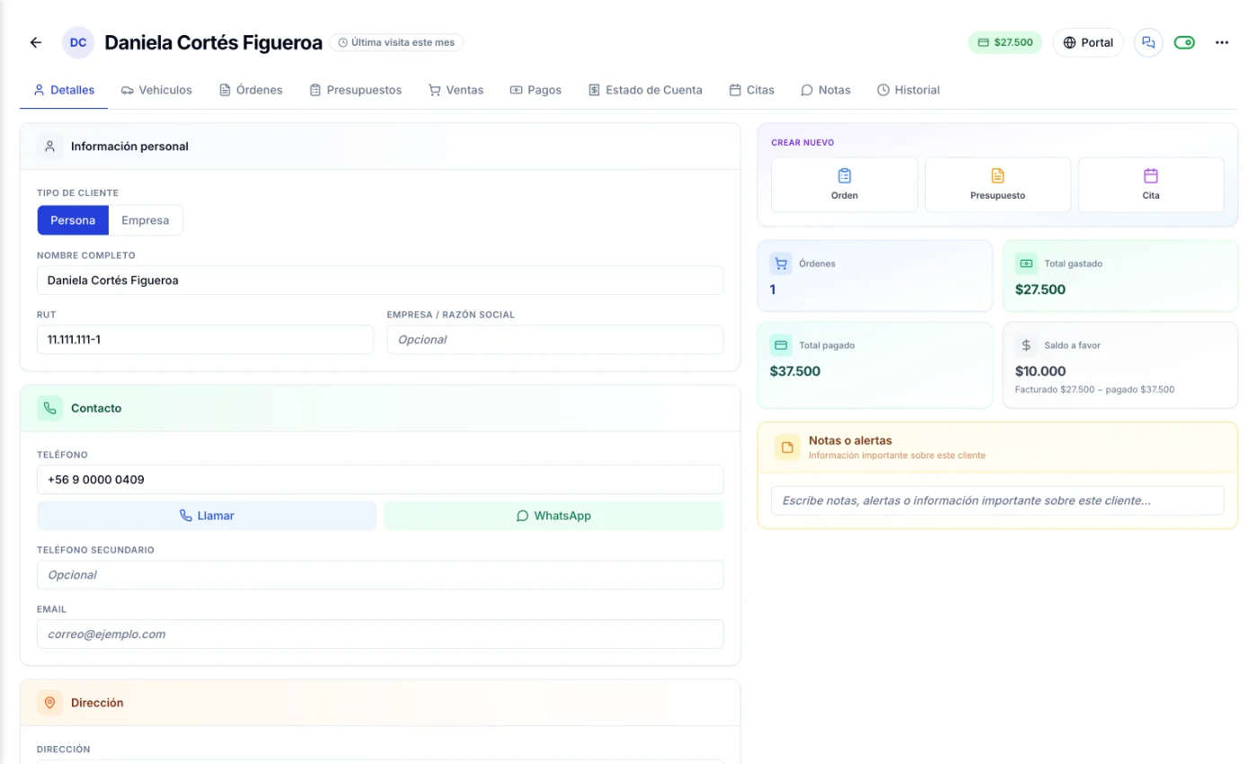 Ficha de una clienta en ServitechCloud con sus datos, accesos para crear orden, presupuesto o cita, órdenes, total gastado, total pagado y saldo