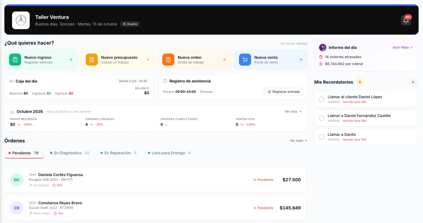 Inicio de ServitechCloud: accesos rápidos, caja del día, registro de asistencia, cifras de octubre, órdenes por estado y recordatorios