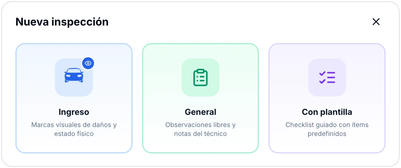 Selector de tipo de inspección en ServitechCloud: Ingreso, General y Con plantilla