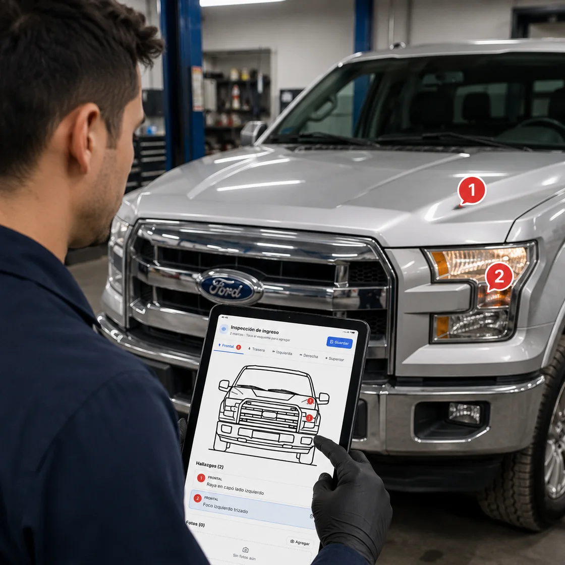 Técnico marcando en la tablet los daños de una camioneta durante la inspección de ingreso en ServitechCloud