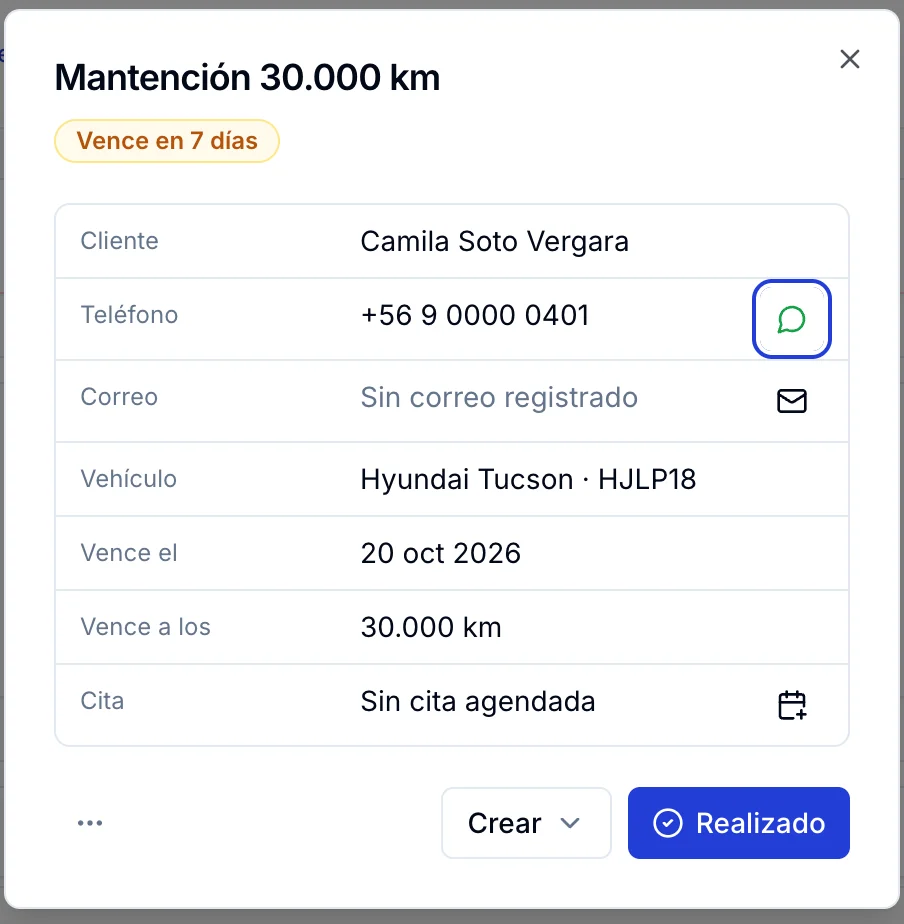 Detalle de una mantención que vence en 7 días con la clienta, su teléfono, su vehículo, la fecha y el kilometraje de vencimiento
