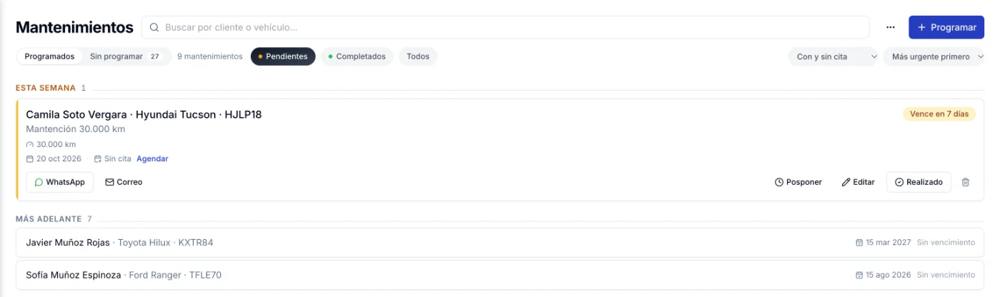 Lista de mantenimientos programados en ServitechCloud con una mantención que vence en 7 días y las próximas