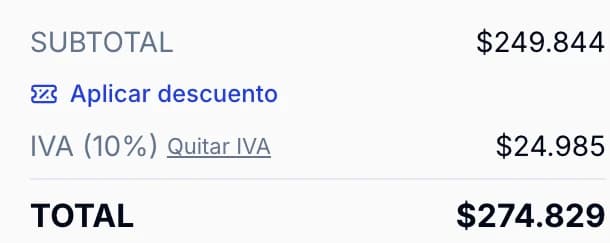 Subtotal, descuento, IVA y total de la orden