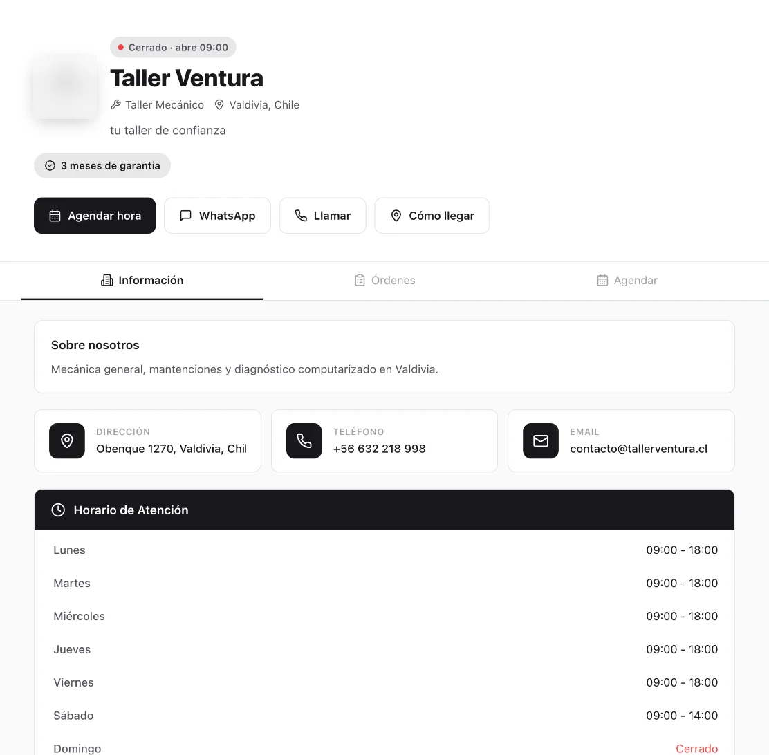 Página pública de un taller en ServitechCloud con su nombre, ubicación, botones Agendar hora, WhatsApp, Llamar y Cómo llegar, y su horario de atención
