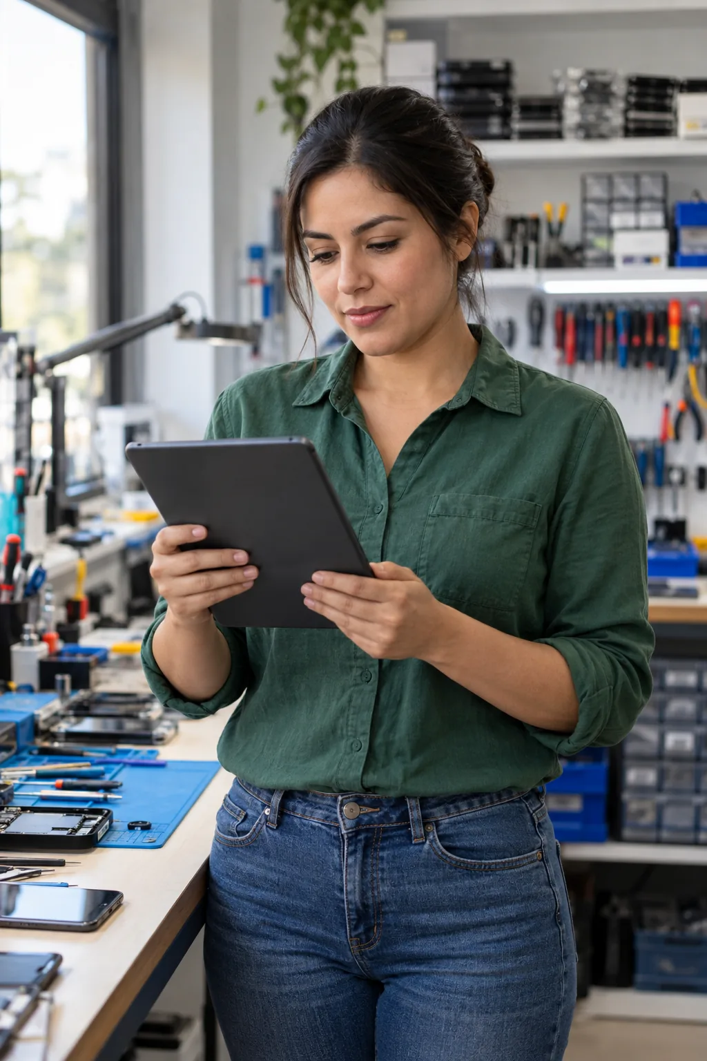 Técnica del taller revisando las reservas en una tablet