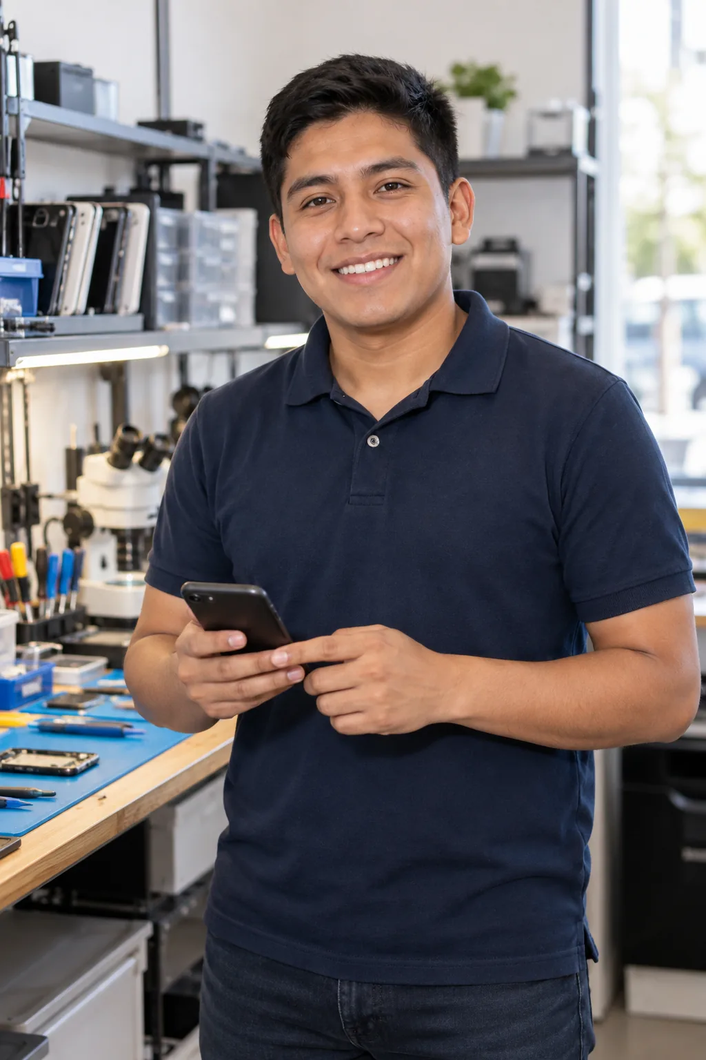 Técnico del taller atendiendo mensajes de clientes en el celular