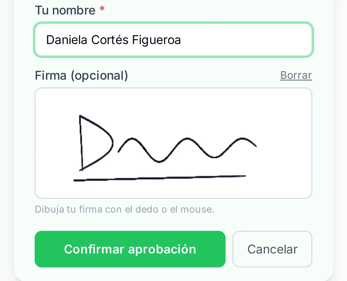 Aprobación del presupuesto con nombre y firma del cliente
