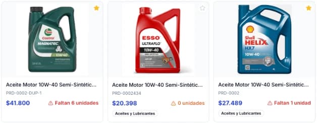 Repuestos con foto, precio y aviso de unidades faltantes