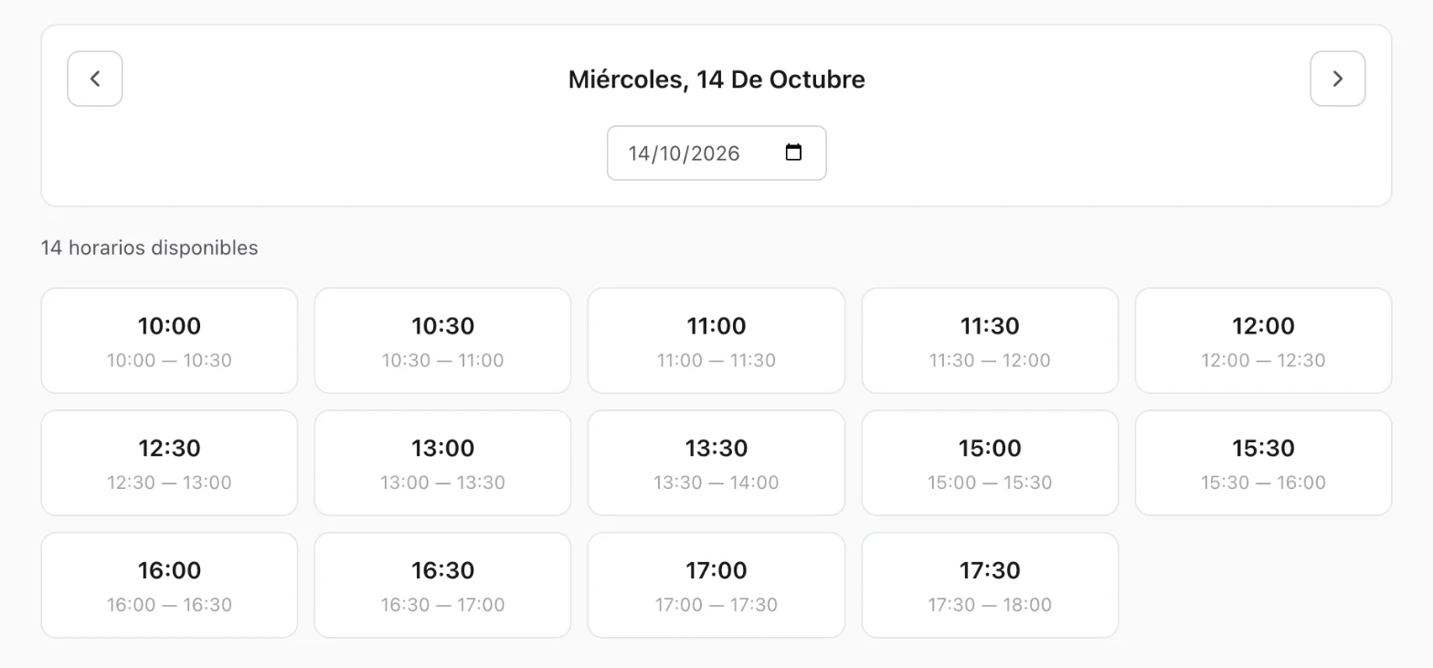 Reserva en línea de un taller con el día elegido y las horas disponibles para agendar