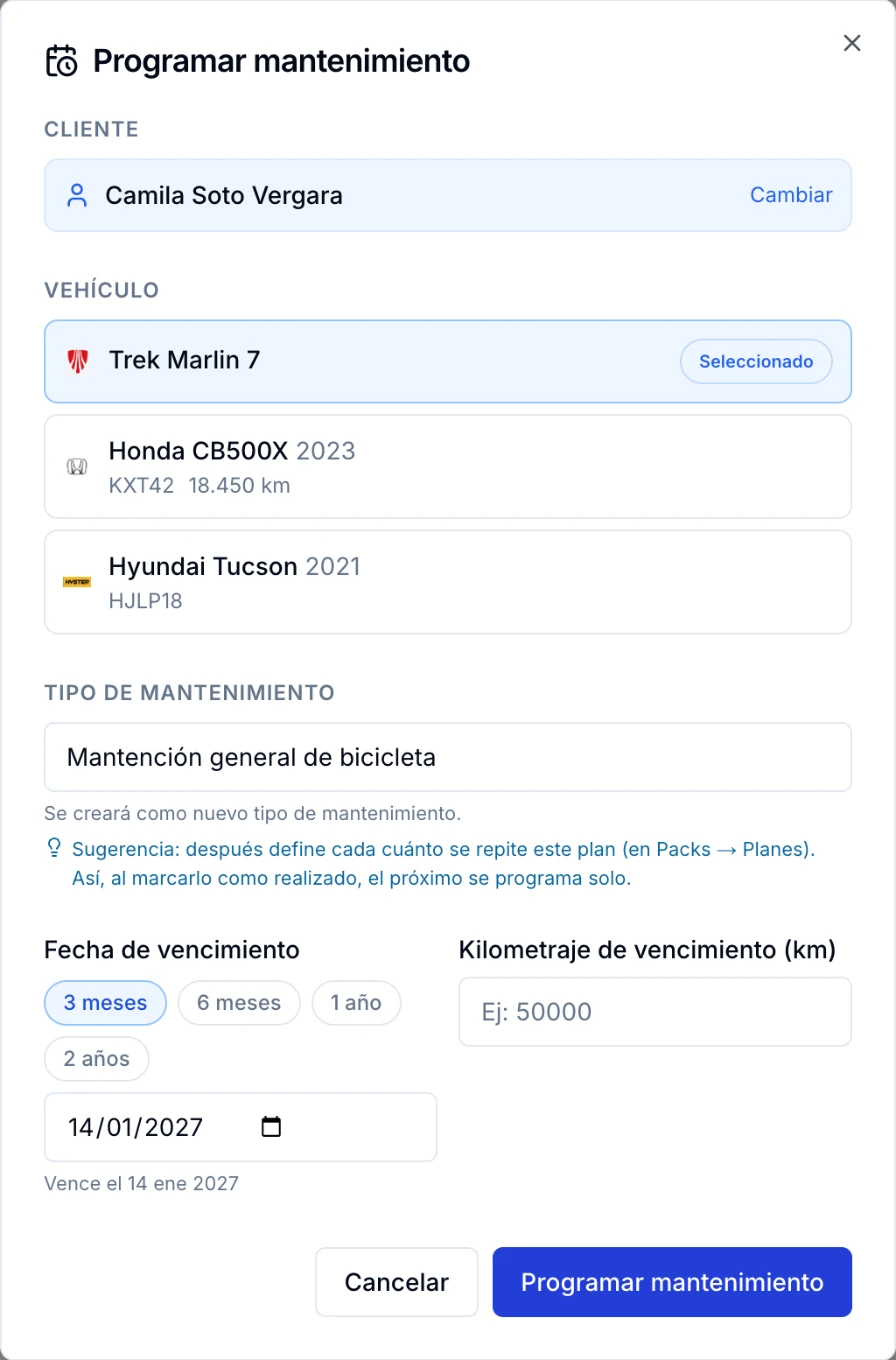 Programar la mantención general de una Trek Marlin 7 en ServitechCloud a 3 meses