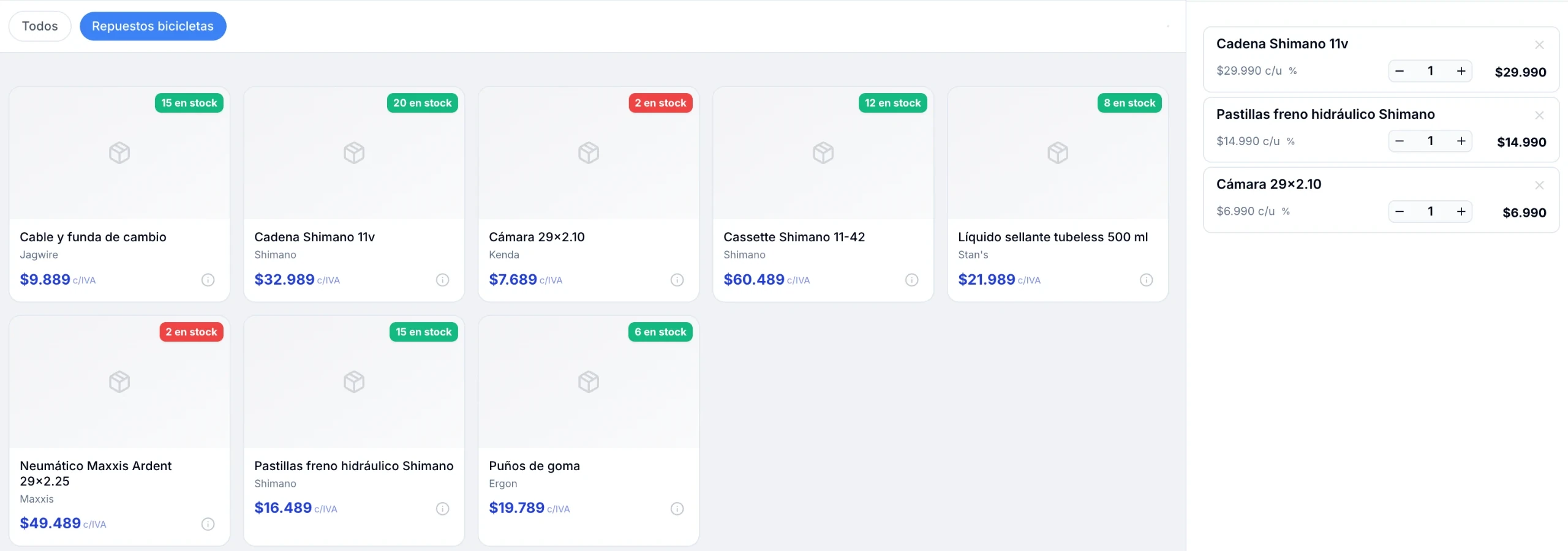 Punto de venta de ServitechCloud con repuestos de bicicleta, stock por producto y el carrito con cadena, pastillas y cámara