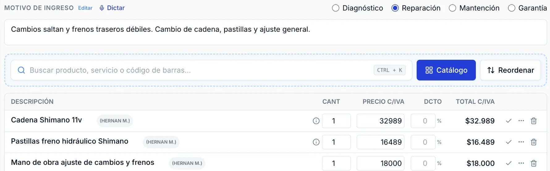 Orden de trabajo de una bicicleta en ServitechCloud con cadena Shimano 11v, pastillas de freno hidráulico y mano de obra
