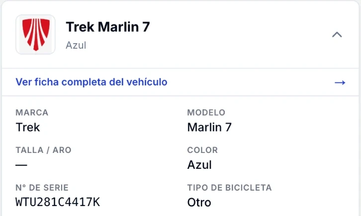 Datos de la bicicleta en la orden: marca, modelo, color, número de serie y tipo