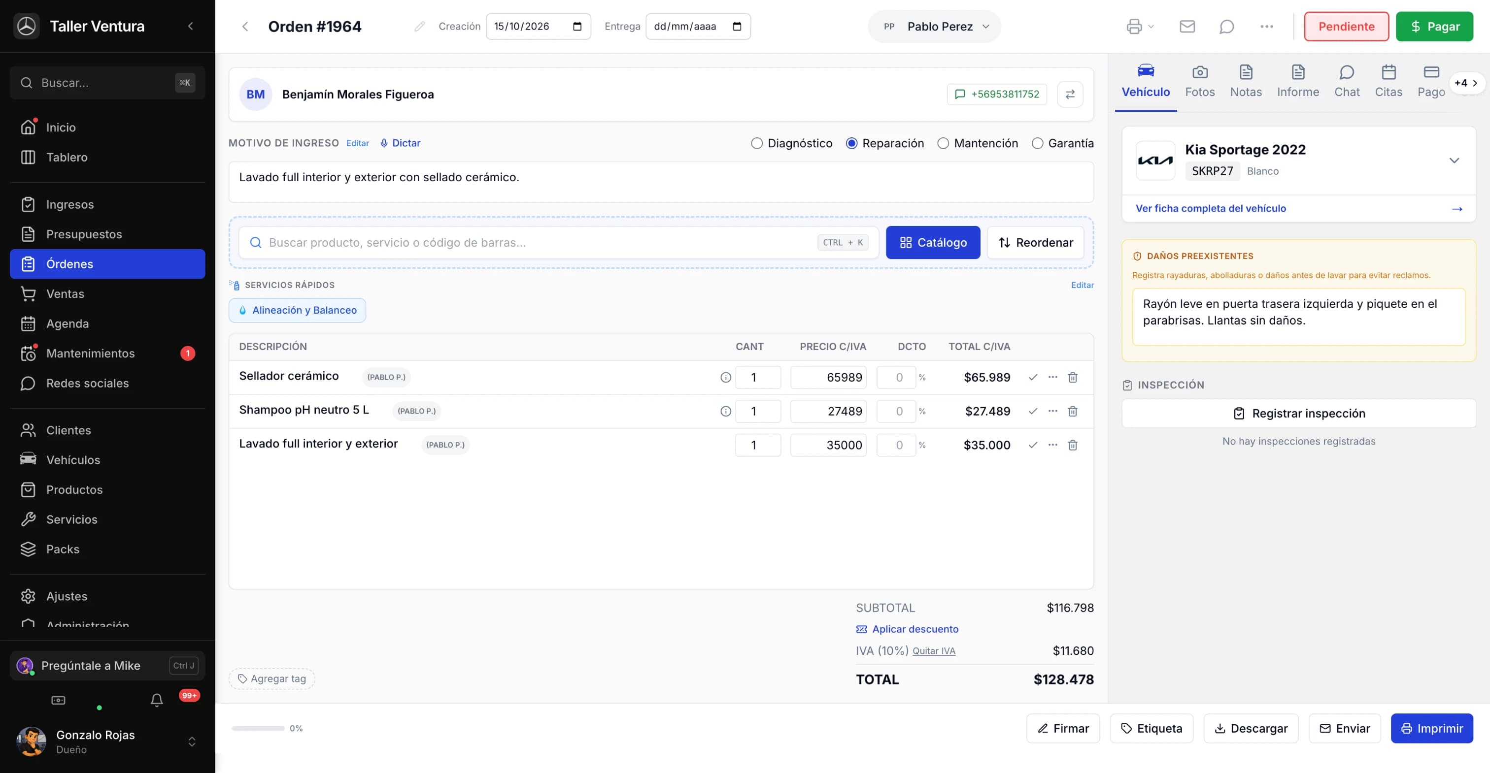 Orden de trabajo de un car wash en ServitechCloud: Kia Sportage, lavado full y sellado cerámico