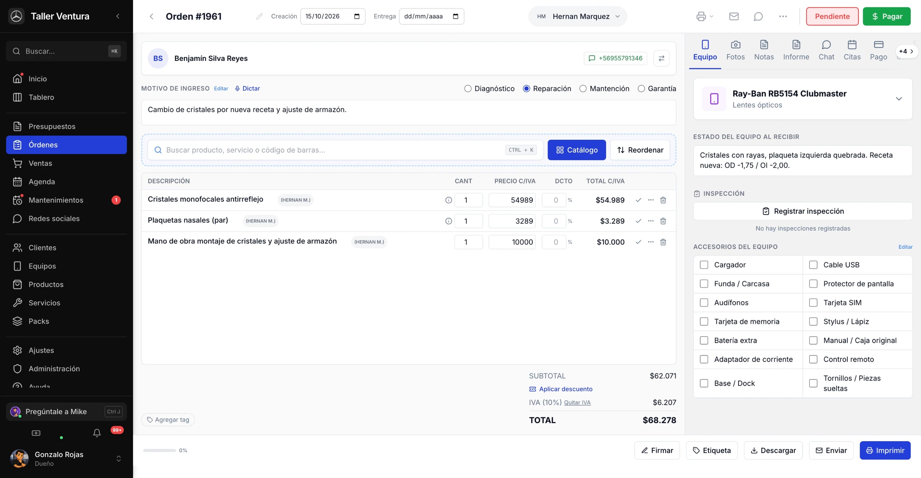 Orden de trabajo de una óptica en ServitechCloud: lentes Ray-Ban, cristales monofocales y plaquetas