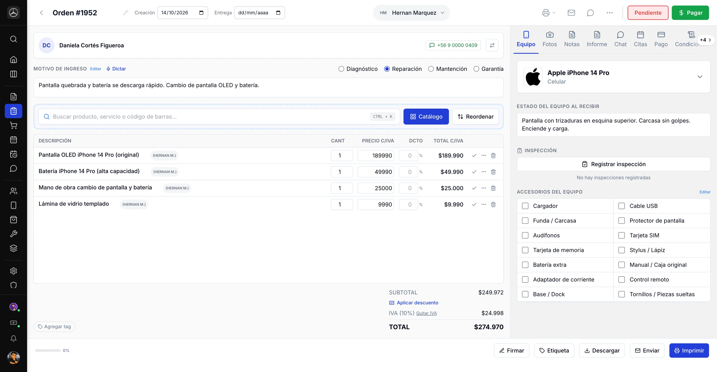 Orden de trabajo de un taller de celulares en ServitechCloud: iPhone 14 Pro, cambio de pantalla y batería