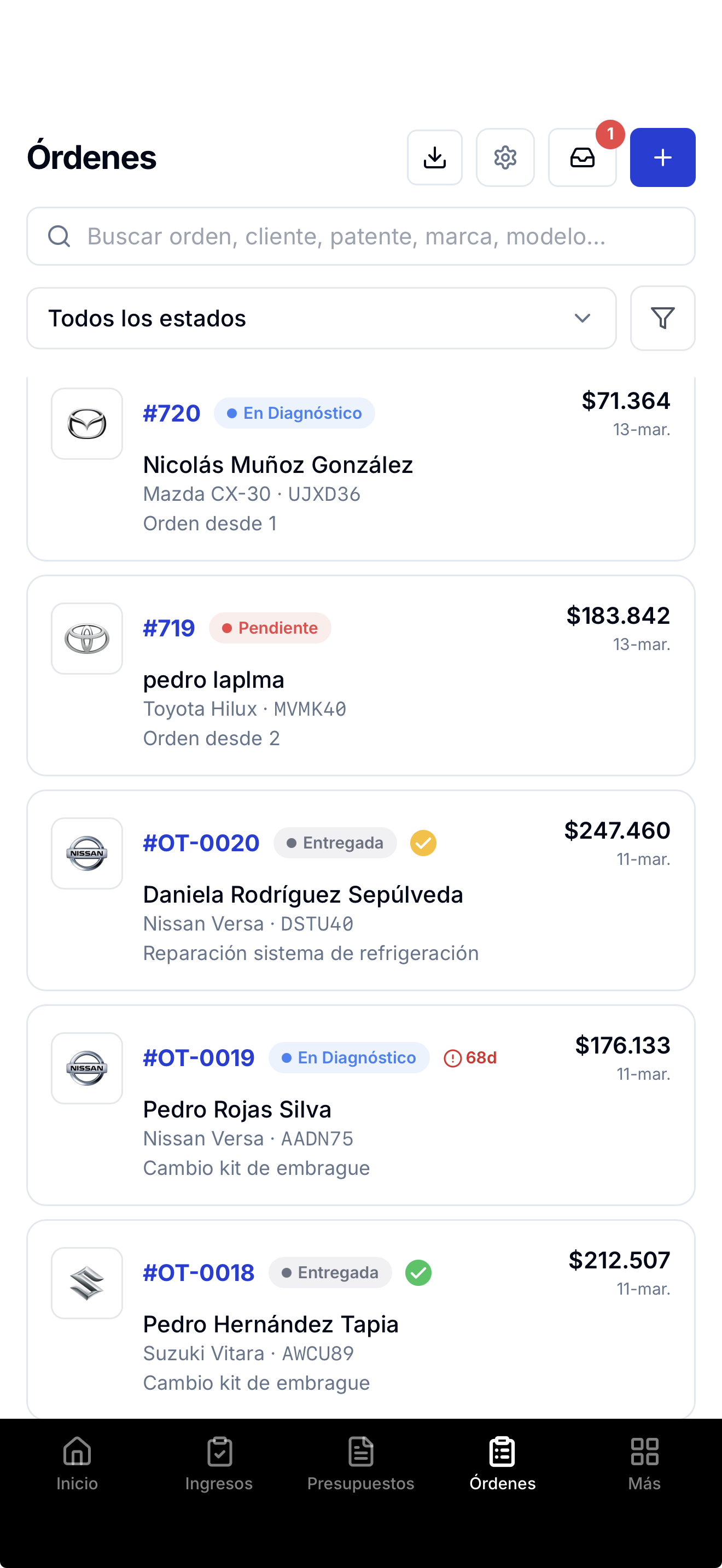 App móvil ServitechCloud — Lista de órdenes