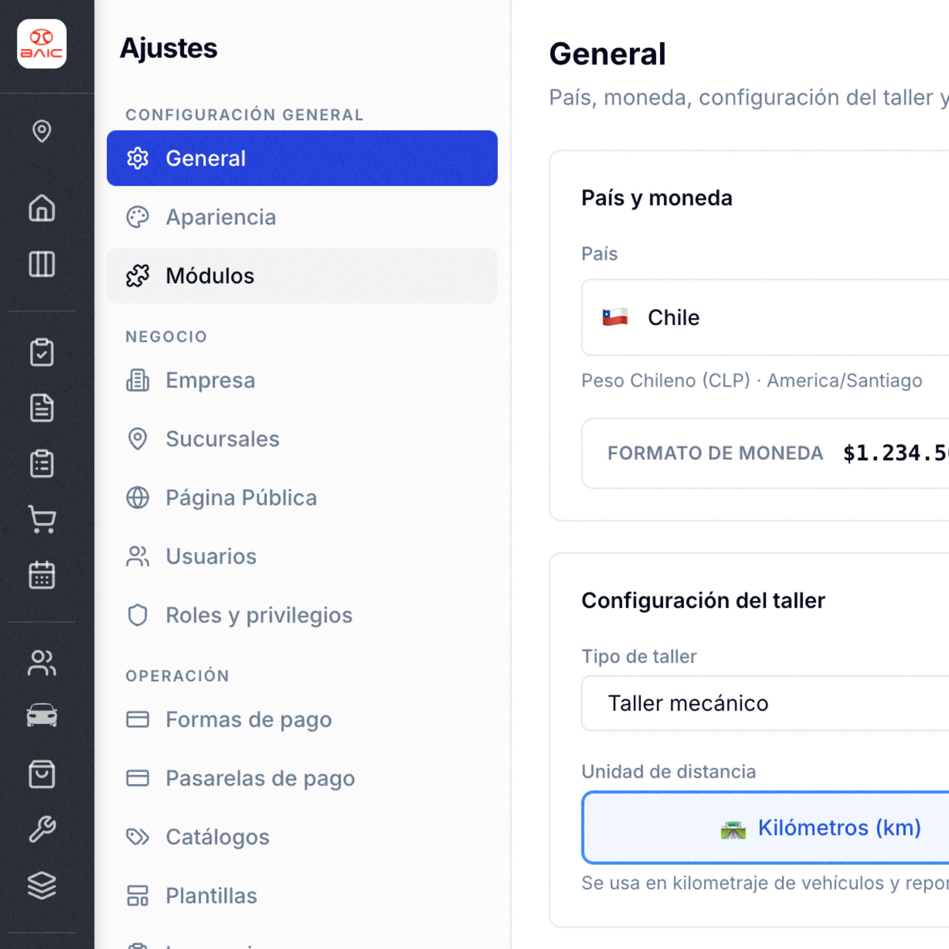 Configuración personalizable de estados, moneda e impuestos para tu taller