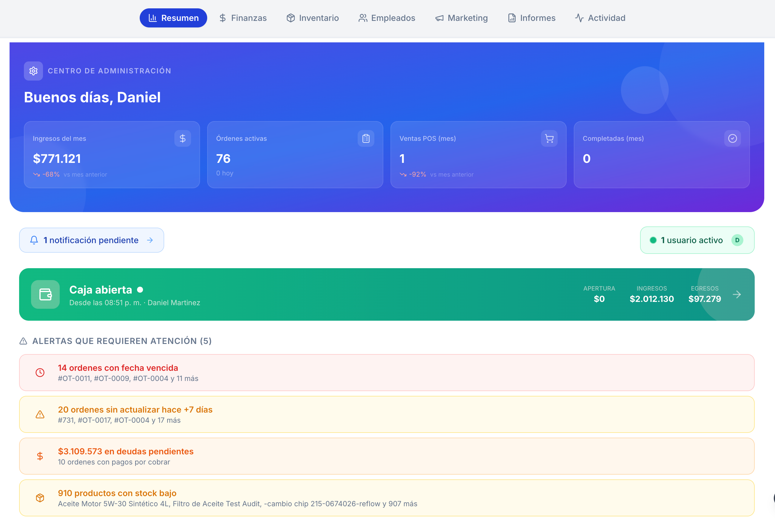 Dashboard del taller con métricas, inventario, ventas y agenda — ServitechCloud
