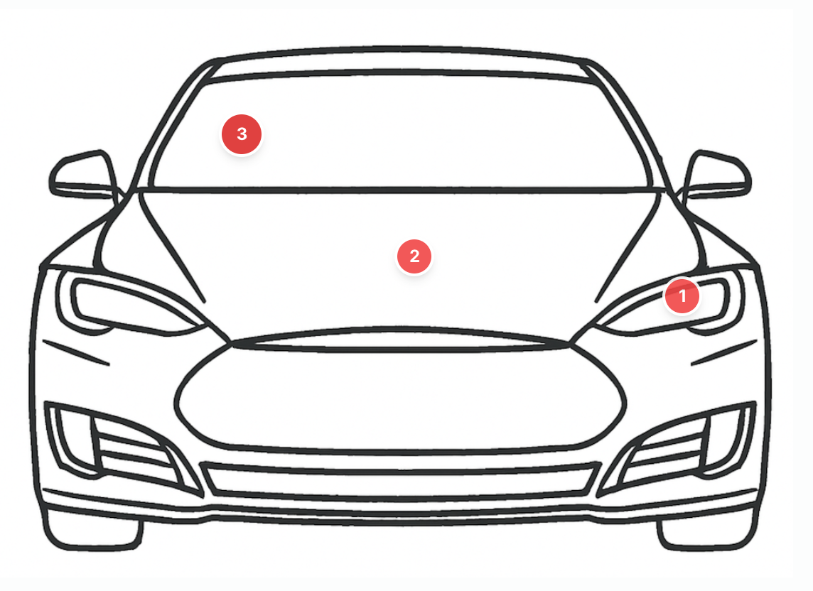 Inspección visual: diagrama del vehículo con daños marcados por punto — ServitechCloud