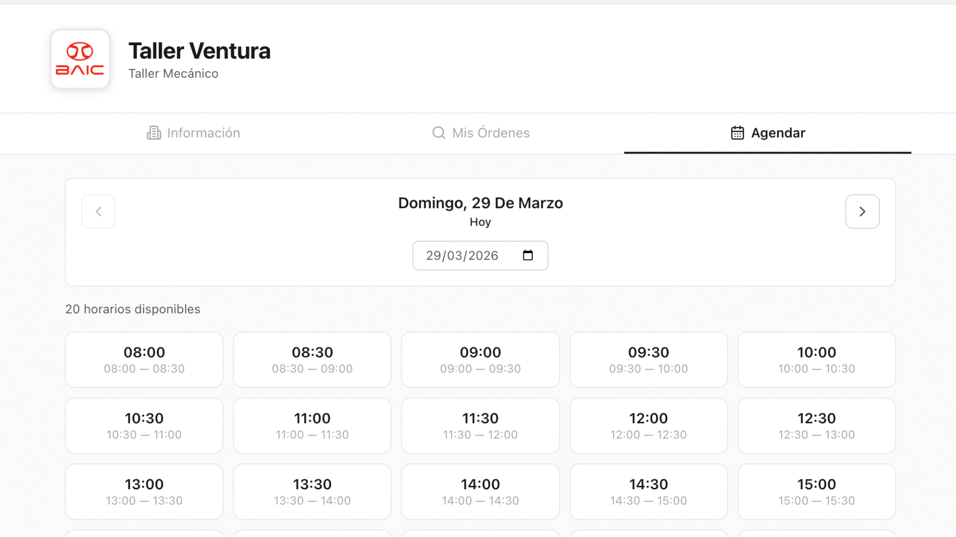 Página pública con reserva de citas online para talleres - ServitechCloud